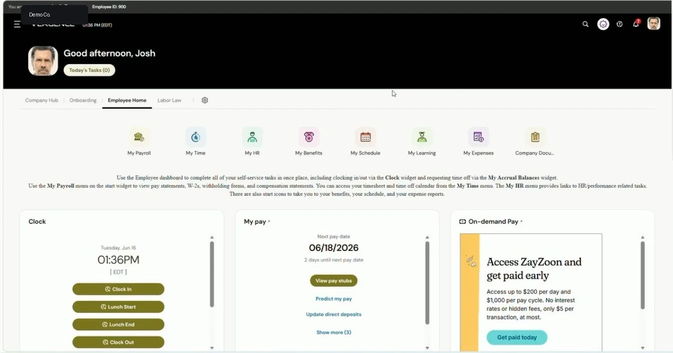 UKG Ready dashboard for employee and manager work
