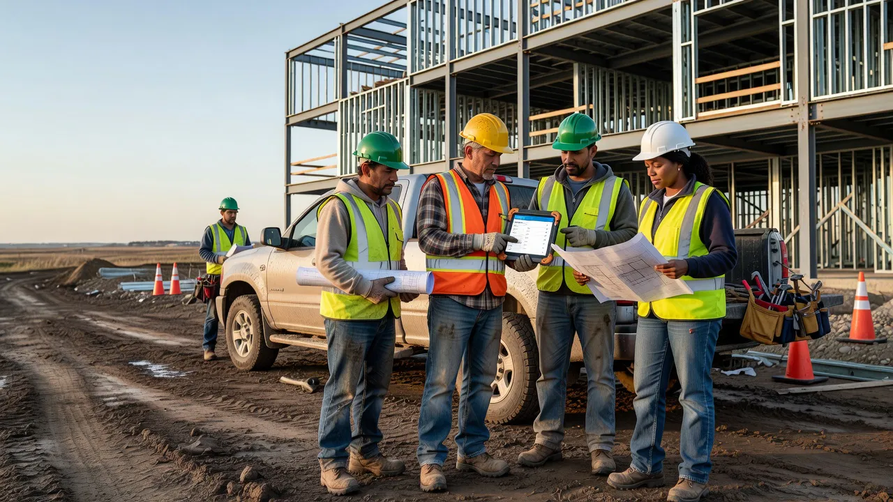 Construction crew reviewing payroll, schedules, and job-site labor plans